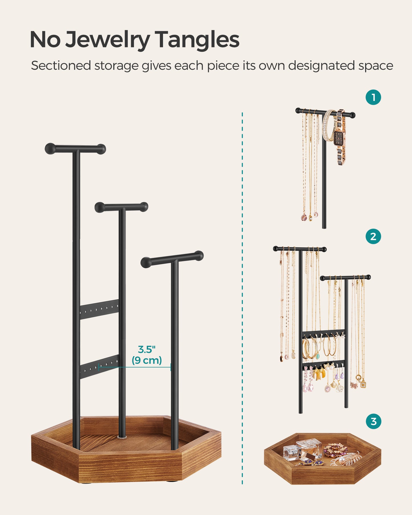 Jewelry Holder Accessory Organizer 4 Independent Zones, Black and Caramel Brown