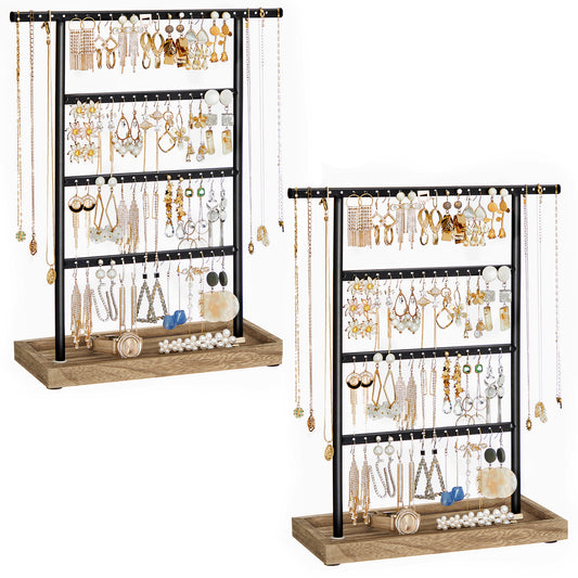 SONGMICS Set of 2 Jewelry Organizers, 4-Tier Earring Holders Organizers Stands with Base Tray, for Studs and Necklaces, Vintage, Wood Color and Black