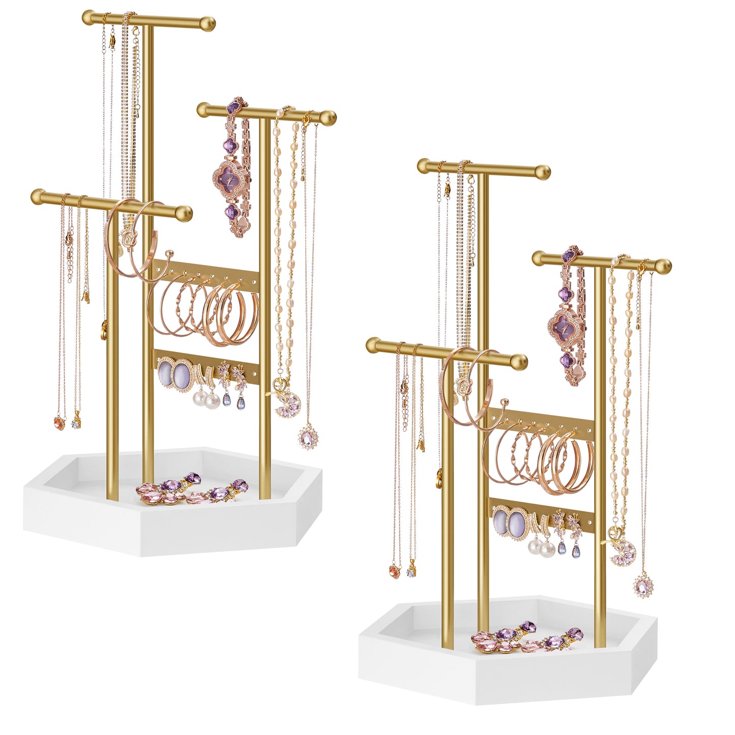 SONGMICS Set of 2 Jewelry Holders Organizers, 3 Tiers and 1 Tray, Jewelry Display Stands, Necklace Earring Bracelet Holder, Pale Gold and White