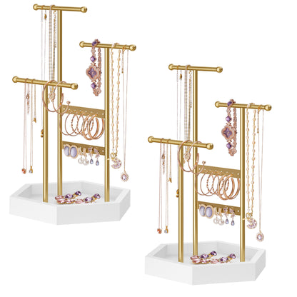 SONGMICS Set of 2 Jewelry Holders Organizers, 3 Tiers and 1 Tray, Jewelry Display Stands, Necklace Earring Bracelet Holder, Pale Gold and White