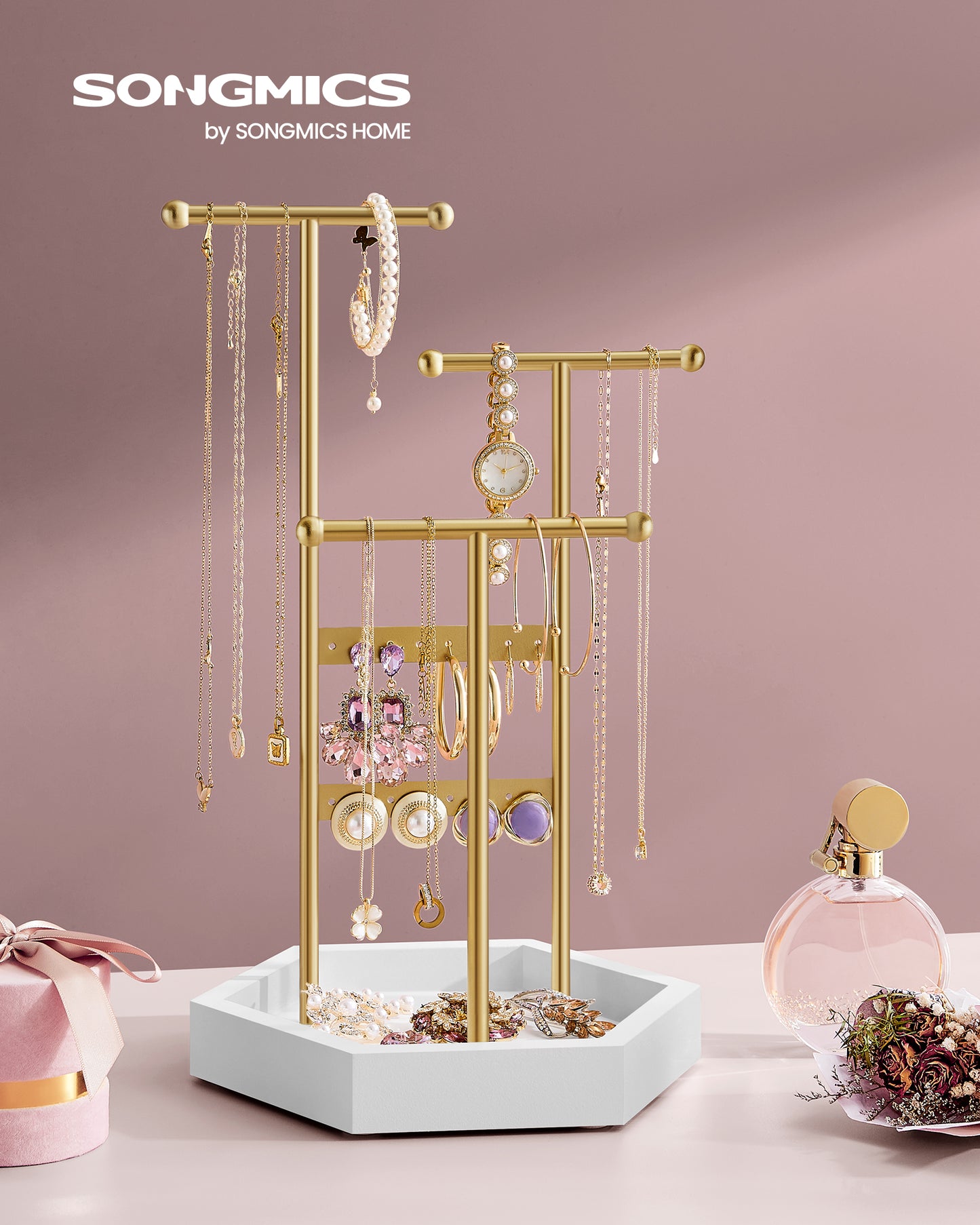 SONGMICS Set of 2 Jewelry Holders Organizers, 3 Tiers and 1 Tray, Jewelry Display Stands, Necklace Earring Bracelet Holder, Pale Gold and White
