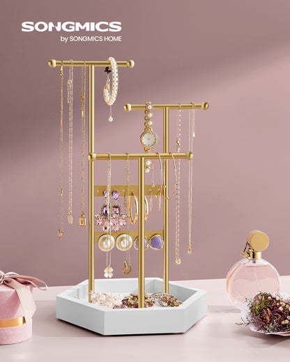 SONGMICS Set of 2 Jewelry Holders Organizers, 3 Tiers and 1 Tray, Jewelry Display Stands, Necklace Earring Bracelet Holder, Pale Gold and White
