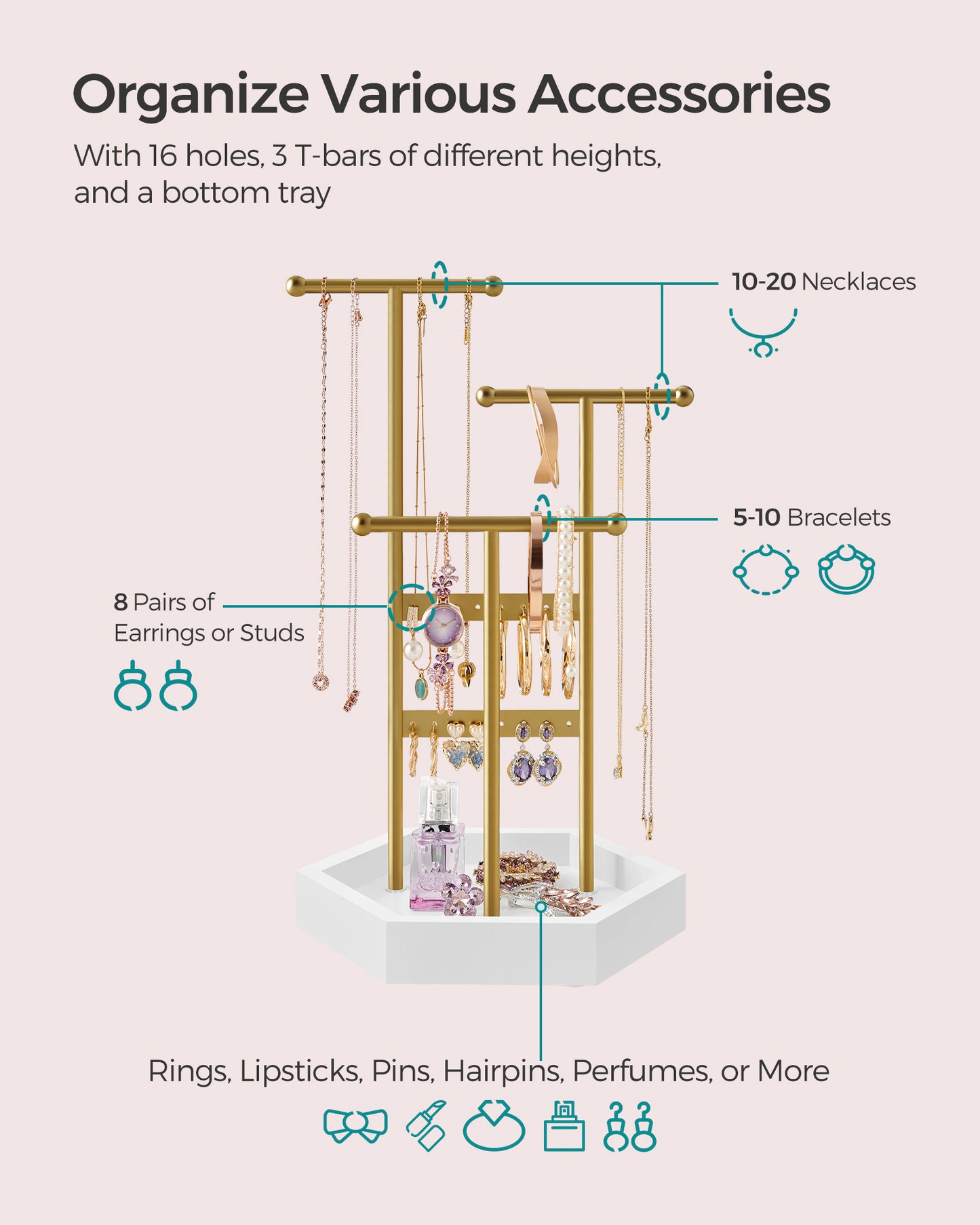 SONGMICS Set of 2 Jewelry Holders Organizers, 3 Tiers and 1 Tray, Jewelry Display Stands, Necklace Earring Bracelet Holder, Pale Gold and White