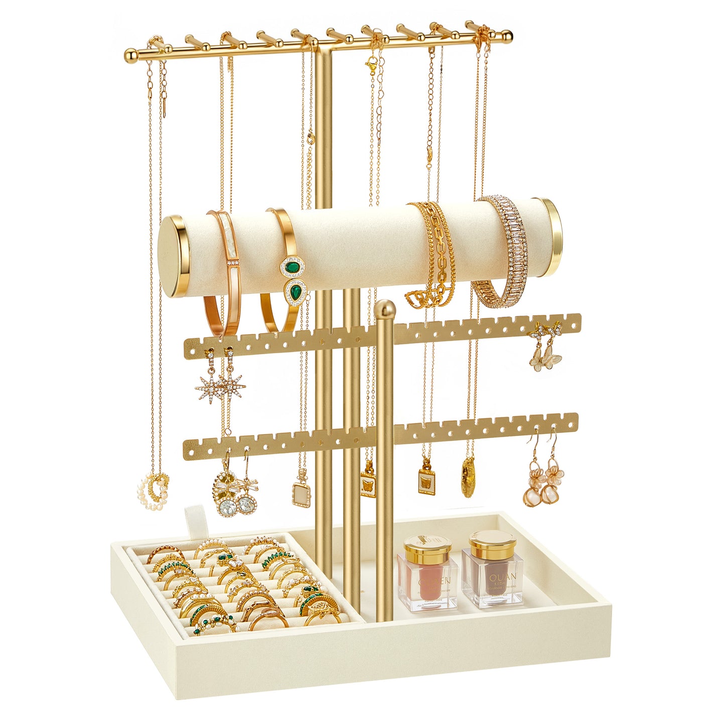 SONGMICS Bracelet Holder Stand, Jewelry Display Stand, Jewelry Organizer, with 3 Tiers and Long Pile Plush Fabric Tray, Light Warm White
