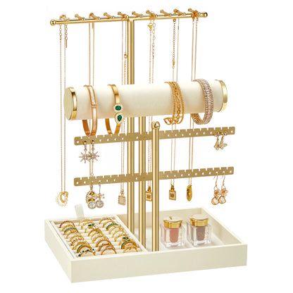 SONGMICS Bracelet Holder Stand, Jewelry Display Stand, Jewelry Organizer, with 3 Tiers and Long Pile Plush Fabric Tray, Light Warm White