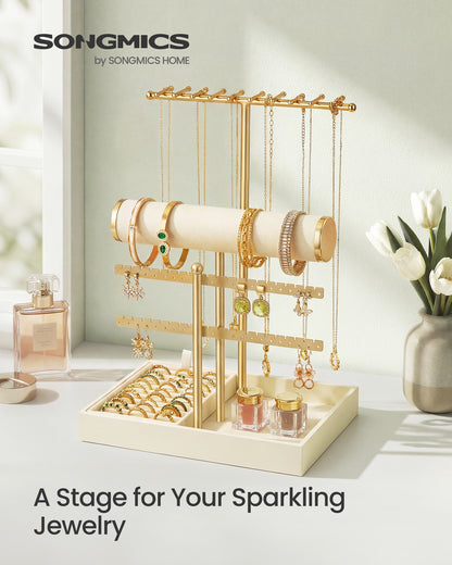 SONGMICS Bracelet Holder Stand, Jewelry Display Stand, Jewelry Organizer, with 3 Tiers and Long Pile Plush Fabric Tray, Light Warm White