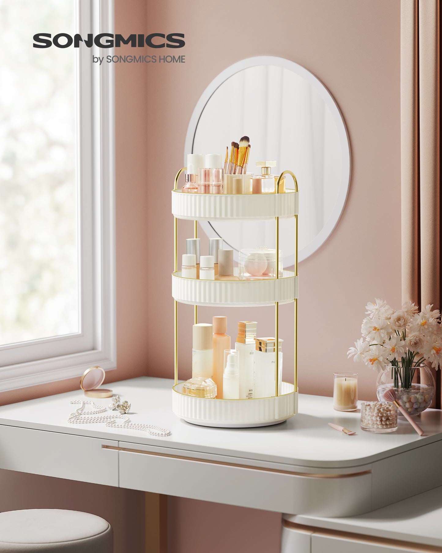 SONGMICS Makeup Organizer, 3-Tier Round Rotating Skincare Organizer Countertop, Customizable, Toiletries Vanity Organizer, Lazy Susan, Gift, Cloud White