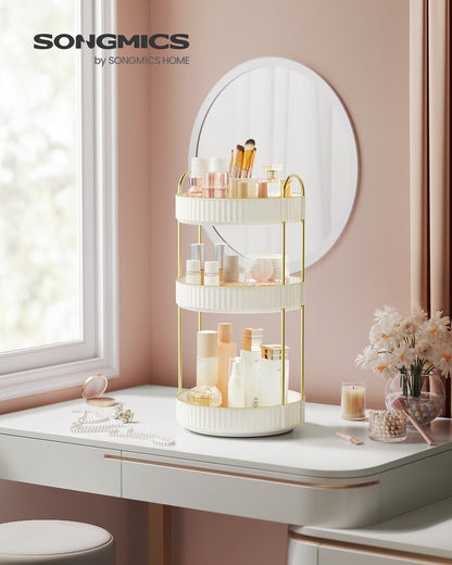 SONGMICS Makeup Organizer, 3-Tier Round Rotating Skincare Organizer Countertop, Customizable, Toiletries Vanity Organizer, Lazy Susan, Gift, Cloud White