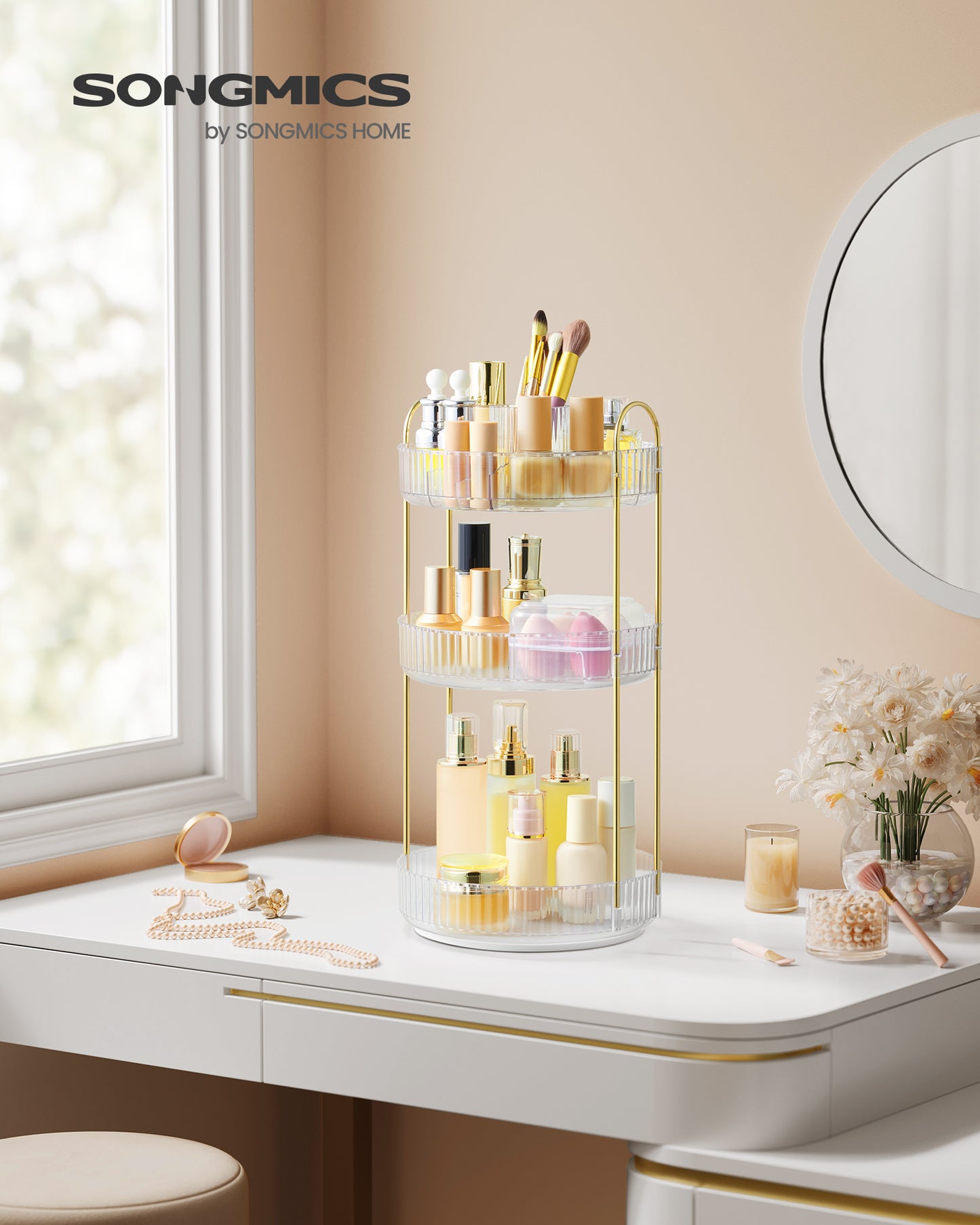 3-Tier Rotating Makeup Organizer, Round Skincare Lazy Susan with Adjustable Shelves, Transparent Countertop Storage