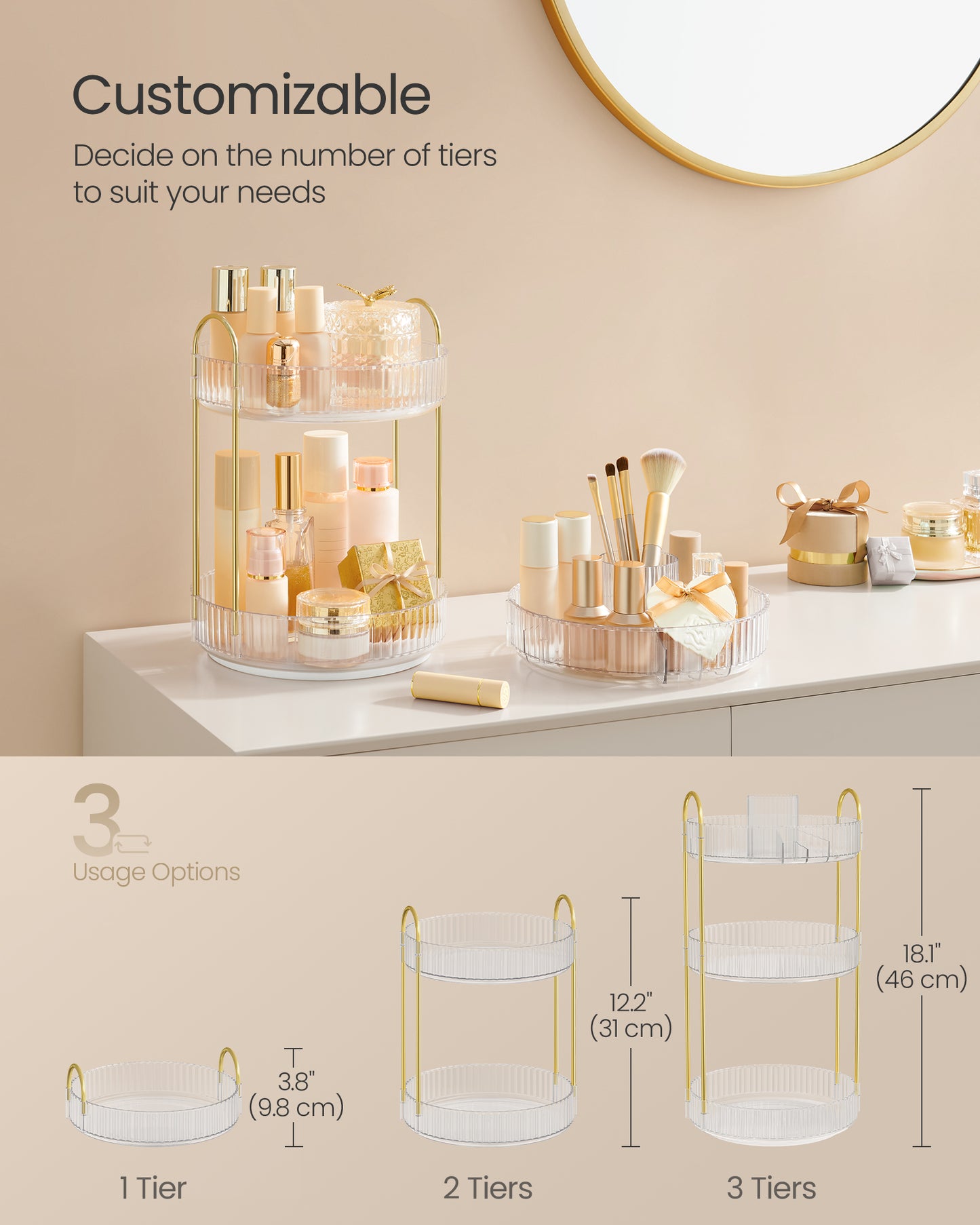 3-Tier Rotating Makeup Organizer, Round Skincare Lazy Susan with Adjustable Shelves, Transparent Countertop Storage