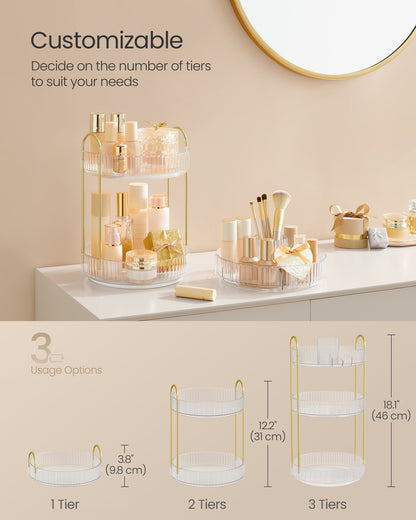 3-Tier Rotating Makeup Organizer, Round Skincare Lazy Susan with Adjustable Shelves, Transparent Countertop Storage