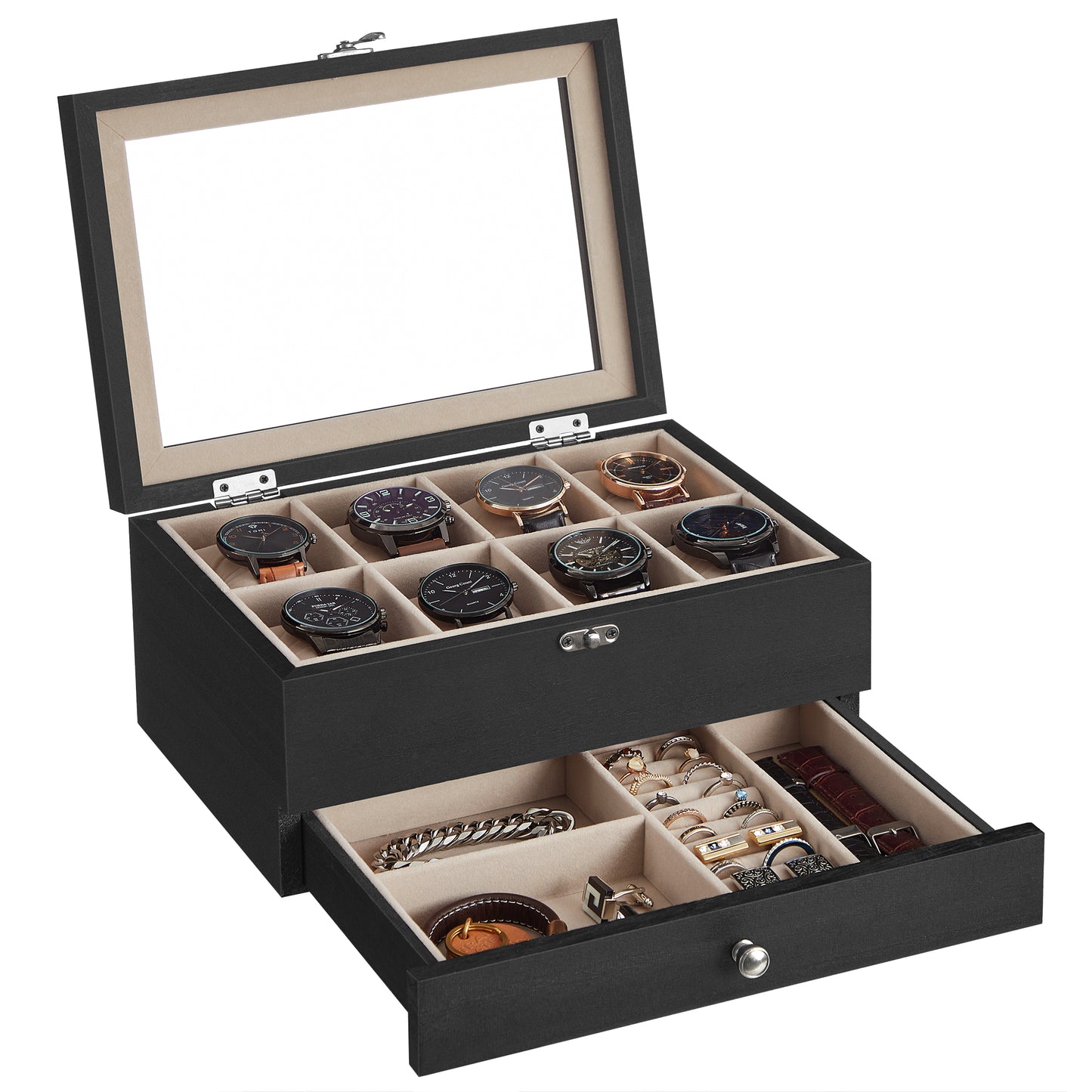 SONGMICS 8-Slot Watch Box, 2-Tier Watch Display Case with Large Glass Lid, Velvet Lining Jewelry Storage Holder for Men