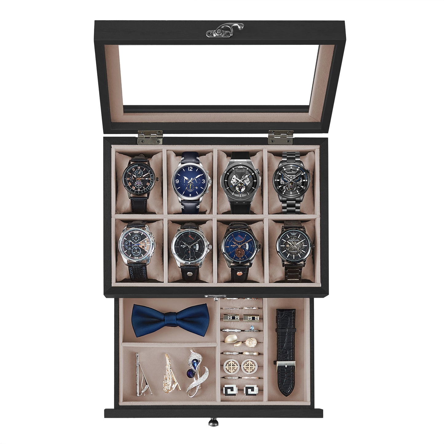 SONGMICS 8-Slot Watch Box, 2-Tier Watch Display Case with Large Glass Lid, Velvet Lining Jewelry Storage Holder for Men