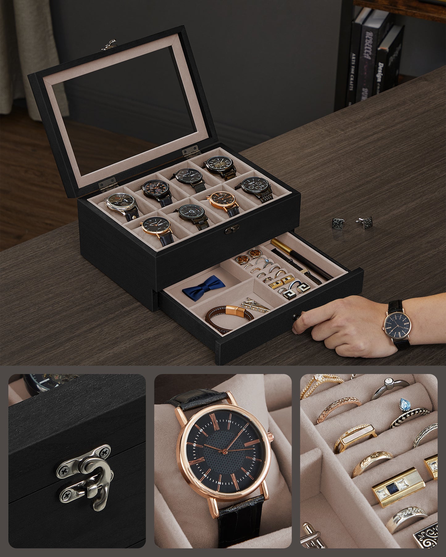 SONGMICS 8-Slot Watch Box, 2-Tier Watch Display Case with Large Glass Lid, Velvet Lining Jewelry Storage Holder for Men