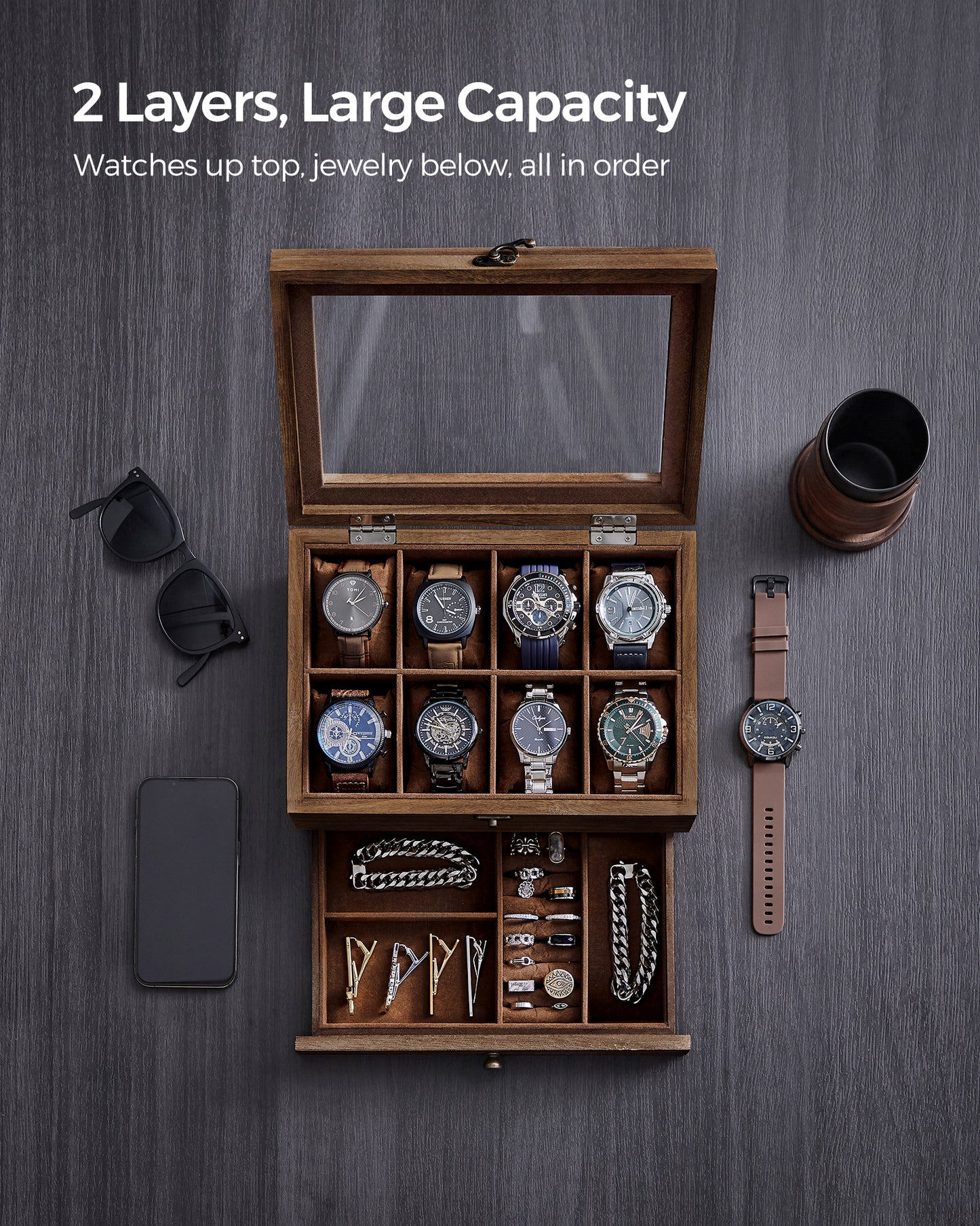 LEDREM 8-Slot Watch Box 2-Tier Watch Display Case Jewelry Storage Holder for Dad Rustic Walnut, for man gift