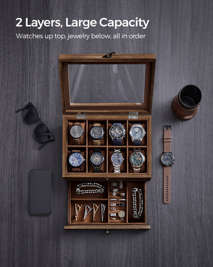 LEDREM 8-Slot Watch Box 2-Tier Watch Display Case Jewelry Storage Holder for Dad Rustic Walnut, for man gift