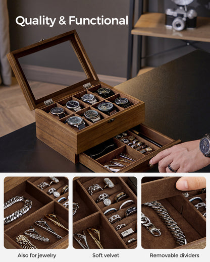 LEDREM 8-Slot Watch Box 2-Tier Watch Display Case Jewelry Storage Holder for Dad Rustic Walnut, for man gift