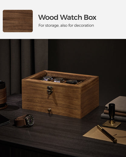 LEDREM 8-Slot Watch Box 2-Tier Watch Display Case Jewelry Storage Holder for Dad Rustic Walnut, for man gift