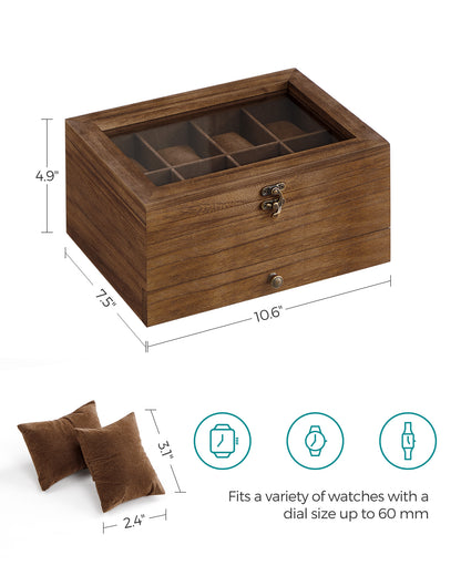 LEDREM 8-Slot Watch Box 2-Tier Watch Display Case Jewelry Storage Holder for Dad Rustic Walnut, for man gift