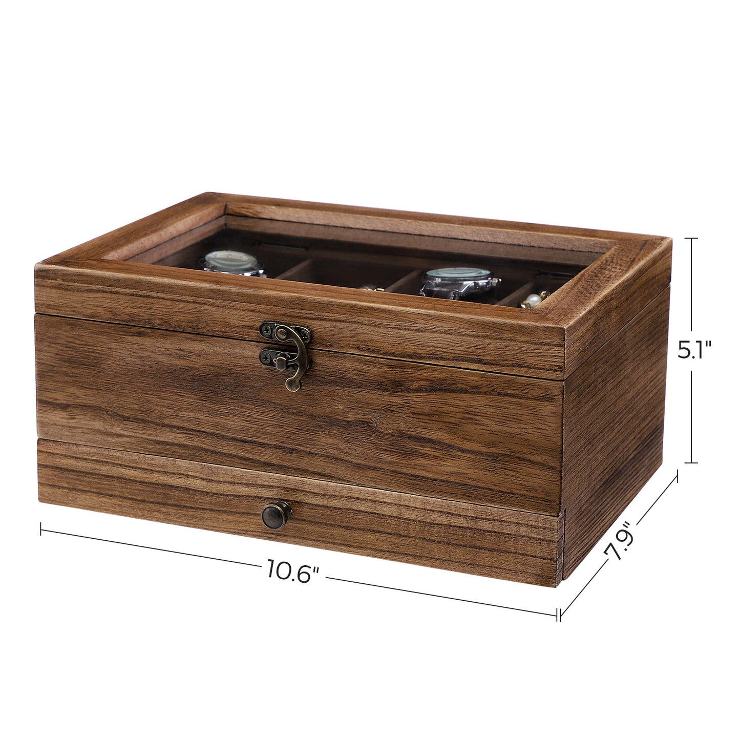 LEDREM 8-Slot Watch Box 2-Tier Watch Display Case Jewelry Storage Holder for Dad Rustic Walnut, for man gift