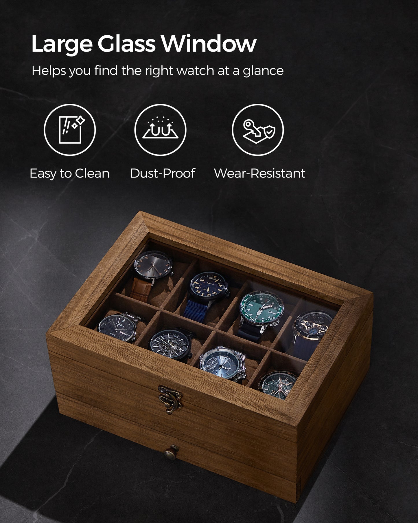 LEDREM 8-Slot Watch Box 2-Tier Watch Display Case Jewelry Storage Holder for Dad Rustic Walnut, for man gift