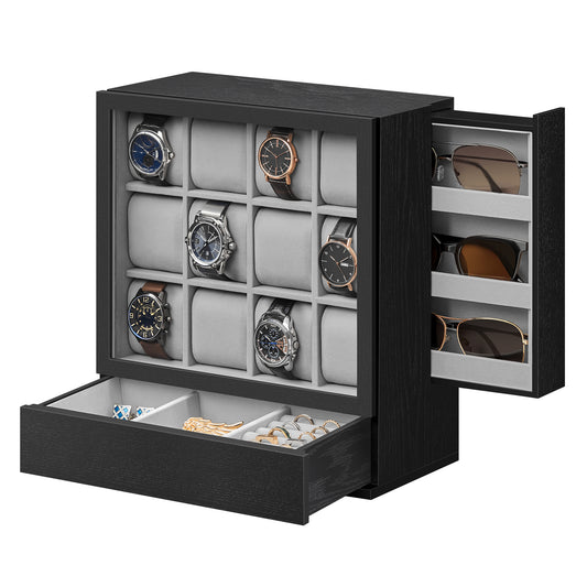 SONGMICS 12-Slot Watch Box, Watch Display Case Wood Cabinet with Velvet Lining, Vertical Storage, Space Saving