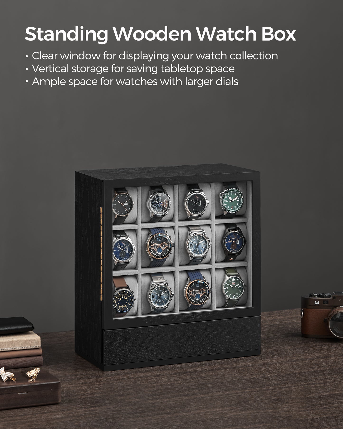 SONGMICS 12-Slot Watch Box, Watch Display Case Wood Cabinet with Velvet Lining, Vertical Storage, Space Saving