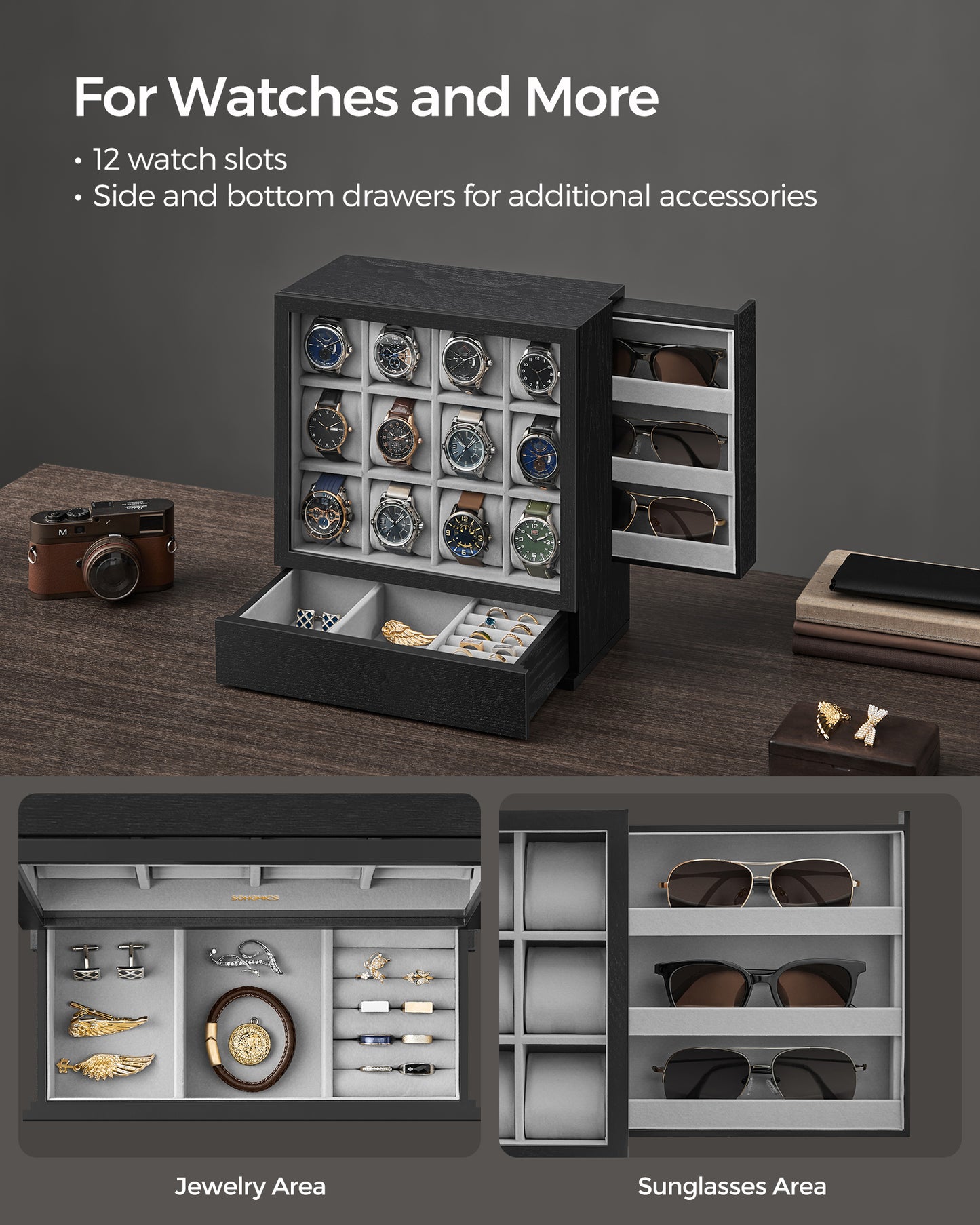 SONGMICS 12-Slot Watch Box, Watch Display Case Wood Cabinet with Velvet Lining, Vertical Storage, Space Saving