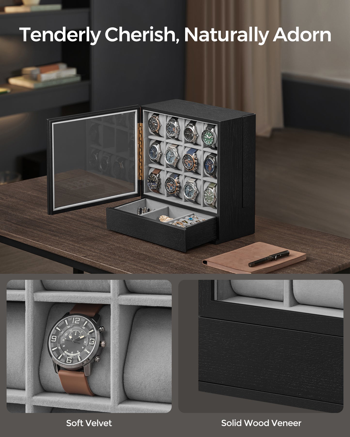 SONGMICS 12-Slot Watch Box, Watch Display Case Wood Cabinet with Velvet Lining, Vertical Storage, Space Saving