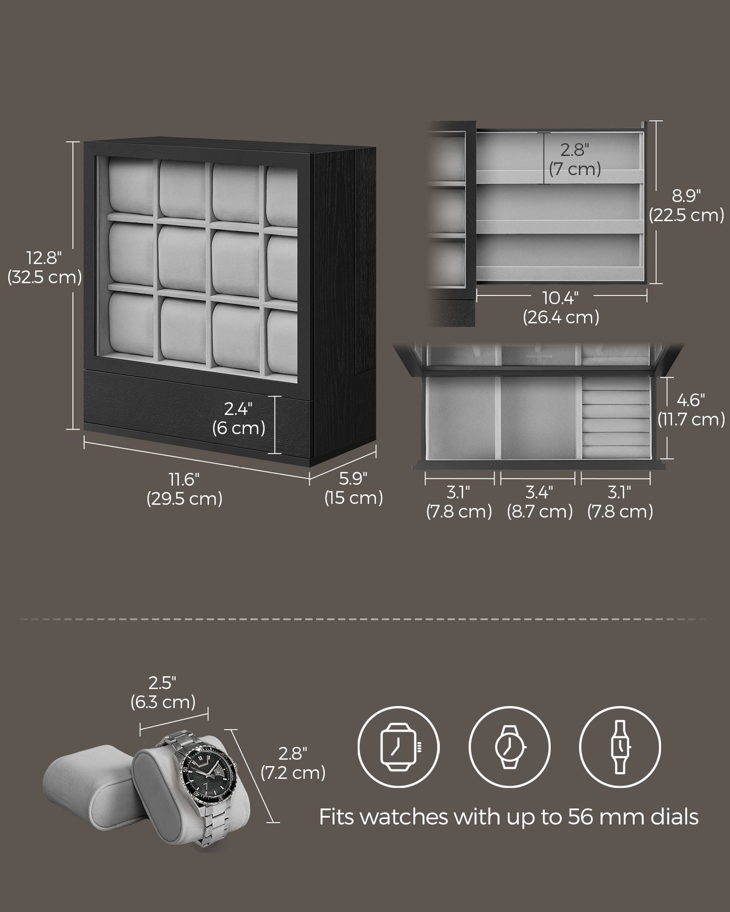 SONGMICS 12-Slot Watch Box, Watch Display Case Wood Cabinet with Velvet Lining, Vertical Storage, Space Saving