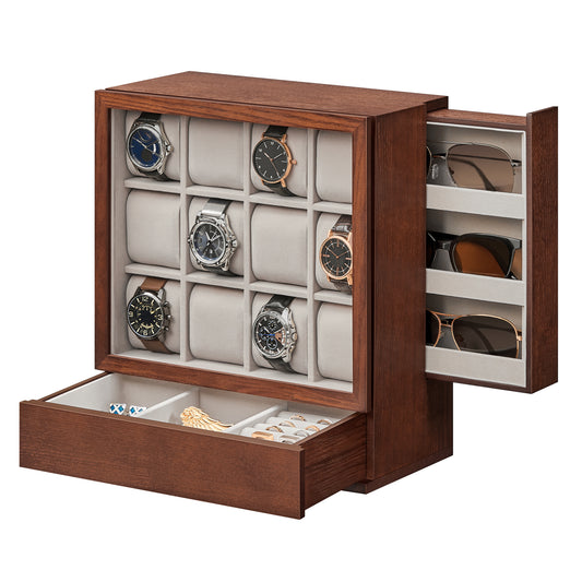 SONGMICS 12-Slot Watch Box, Watch Display Case Wood Cabinet with Velvet Lining, Vertical Storage, Space Saving, Coffee Brown