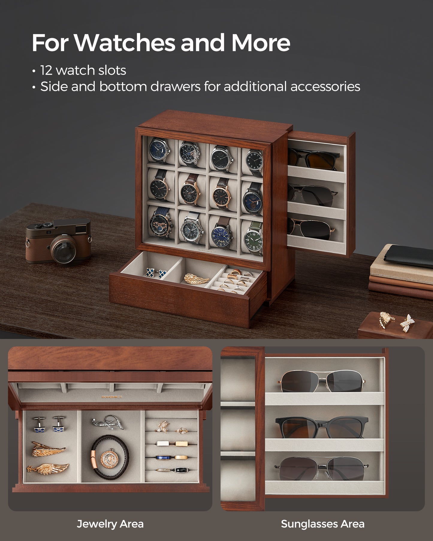 SONGMICS 12-Slot Watch Box, Watch Display Case Wood Cabinet with Velvet Lining, Vertical Storage, Space Saving, Coffee Brown