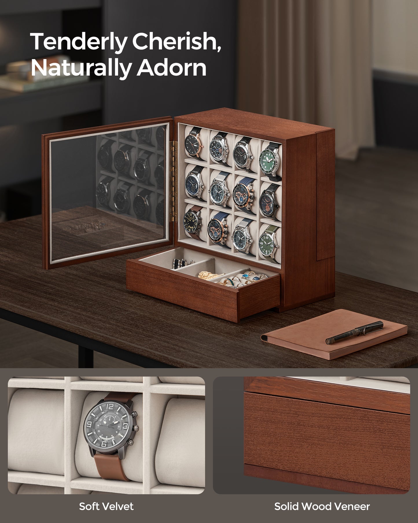 SONGMICS 12-Slot Watch Box, Watch Display Case Wood Cabinet with Velvet Lining, Vertical Storage, Space Saving, Coffee Brown