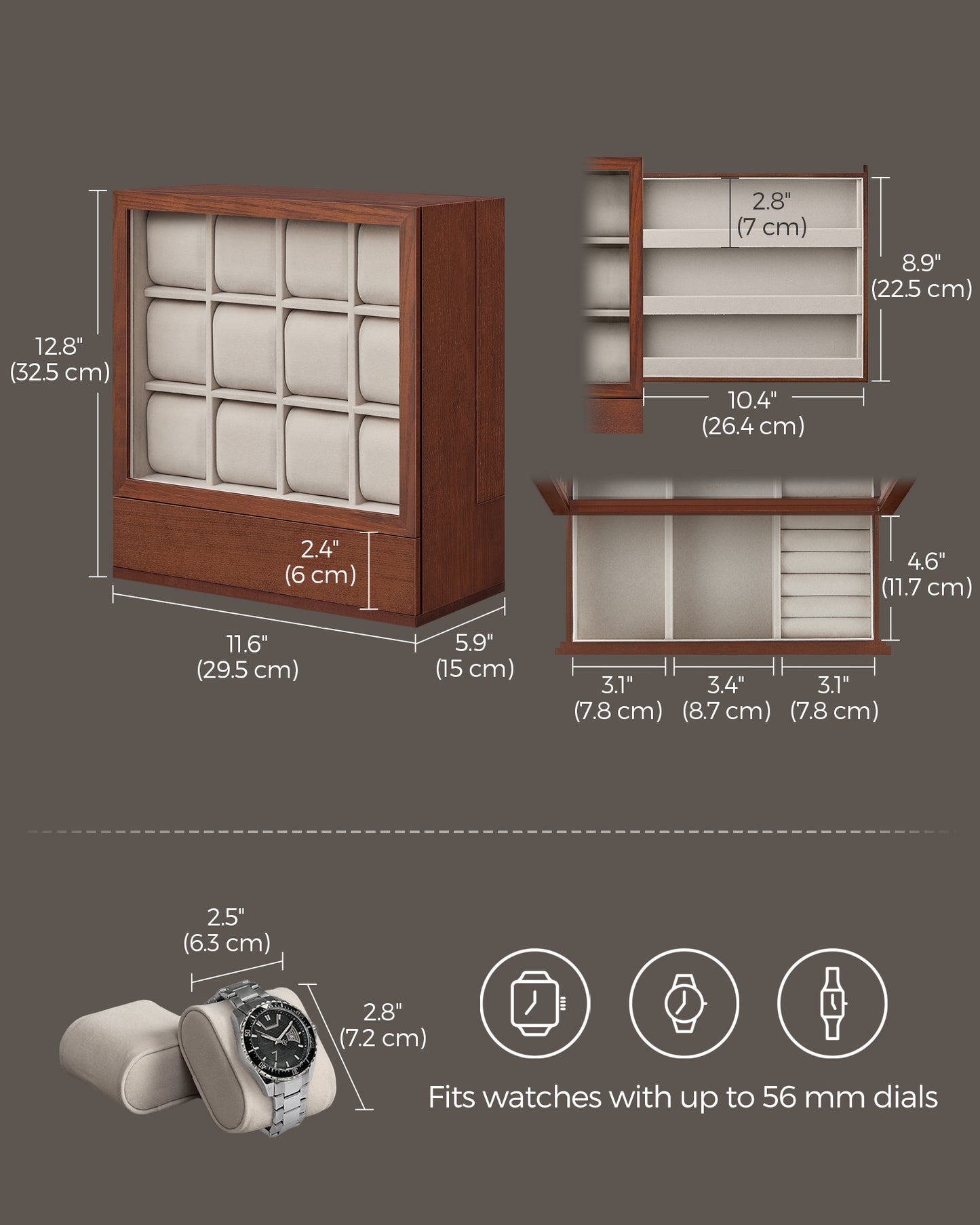 SONGMICS 12-Slot Watch Box, Watch Display Case Wood Cabinet with Velvet Lining, Vertical Storage, Space Saving, Coffee Brown