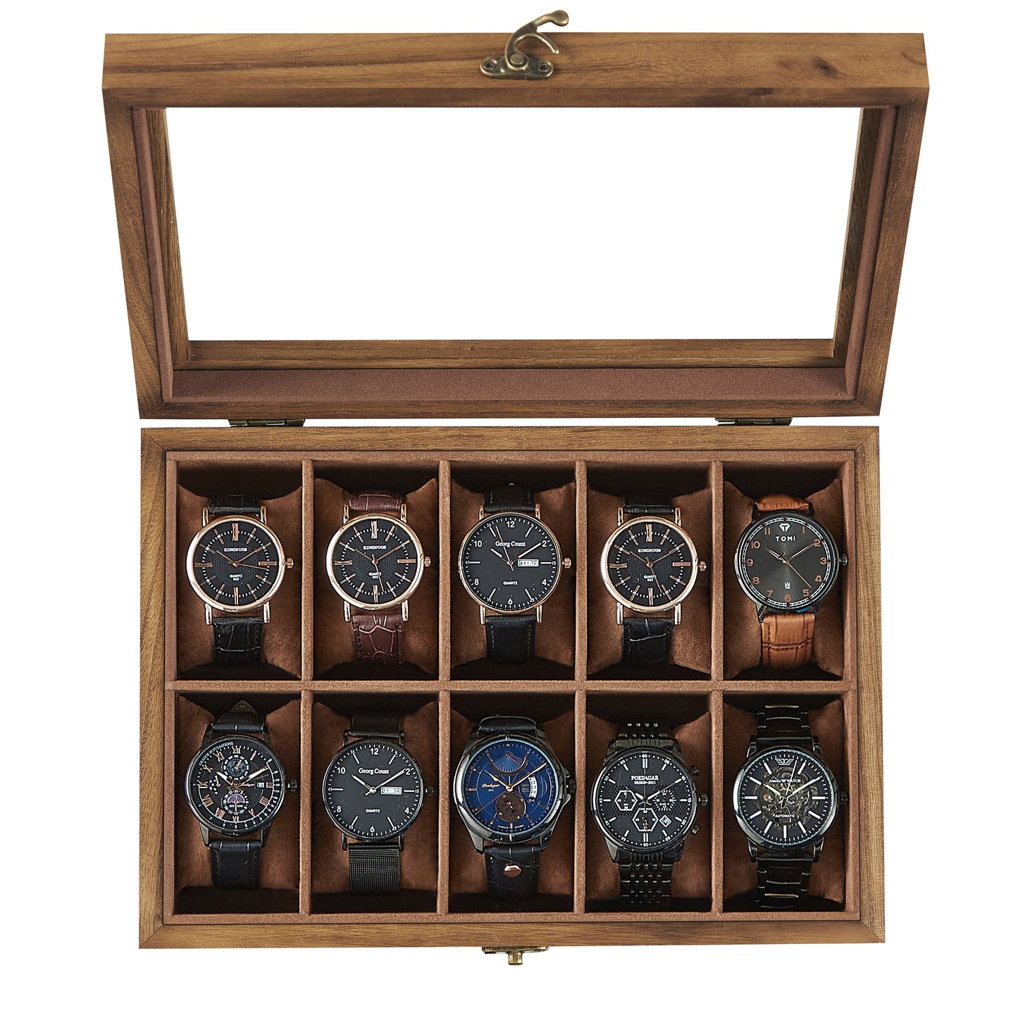 SONGMICS 10-Slot Watch Box, Watch Display Case with Large Glass Lid, Velvet Lining Jewelry Storage Holder for Men, Rustic Walnut