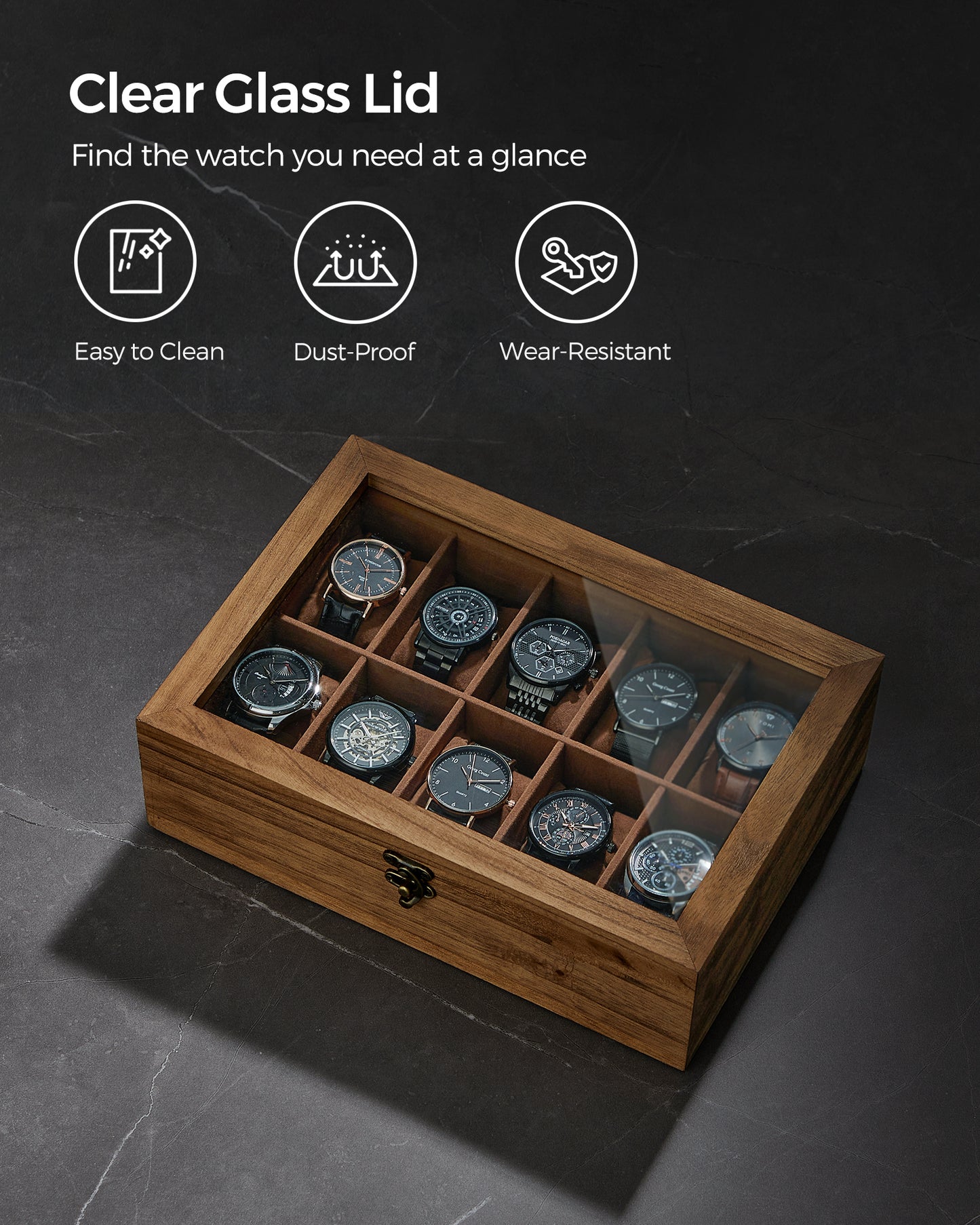 SONGMICS 10-Slot Watch Box, Watch Display Case with Large Glass Lid, Velvet Lining Jewelry Storage Holder for Men, Rustic Walnut