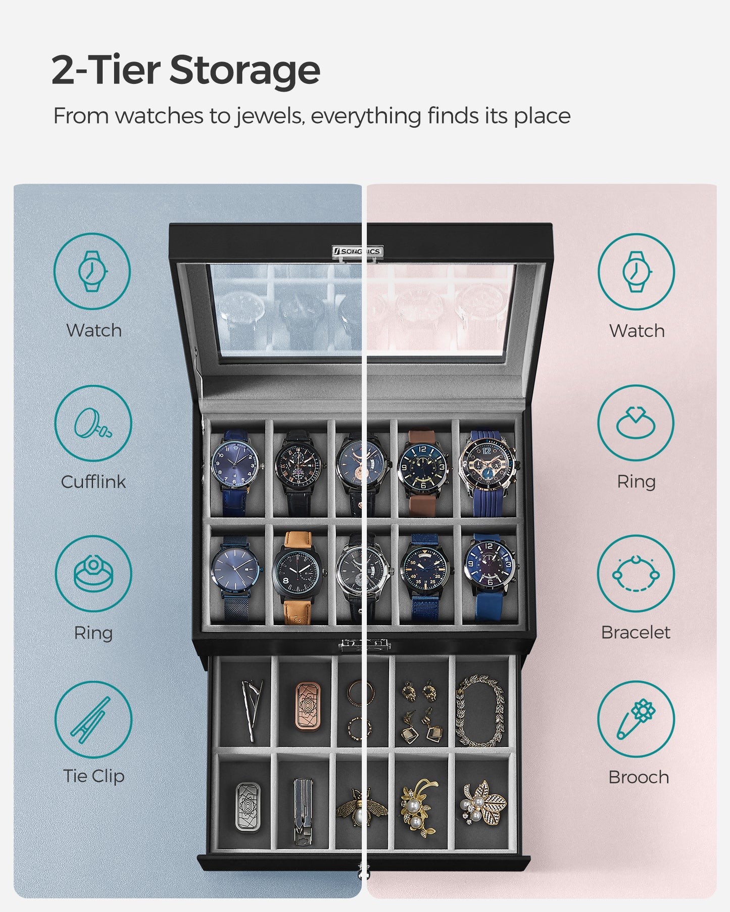 SONGMICS 20-Slot Watch Box, Watch Case, 2 Layers, Lockable Watch Display Case, Black and Gray