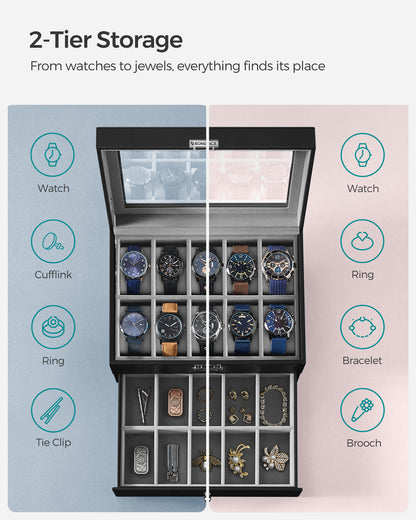 SONGMICS 20-Slot Watch Box, Watch Case, 2 Layers, Lockable Watch Display Case, Black and Gray