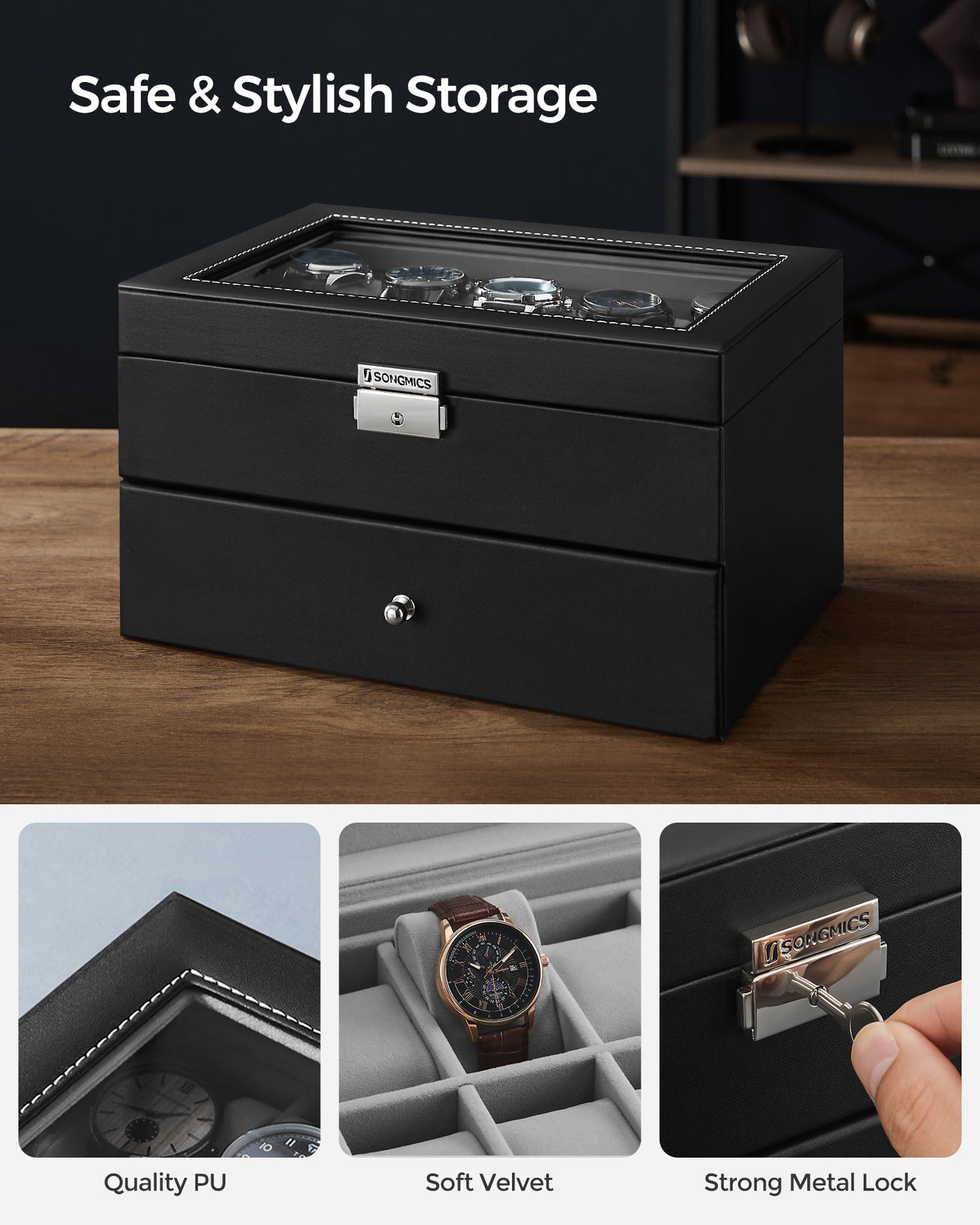 SONGMICS 20-Slot Watch Box, Watch Case, 2 Layers, Lockable Watch Display Case, Black and Gray