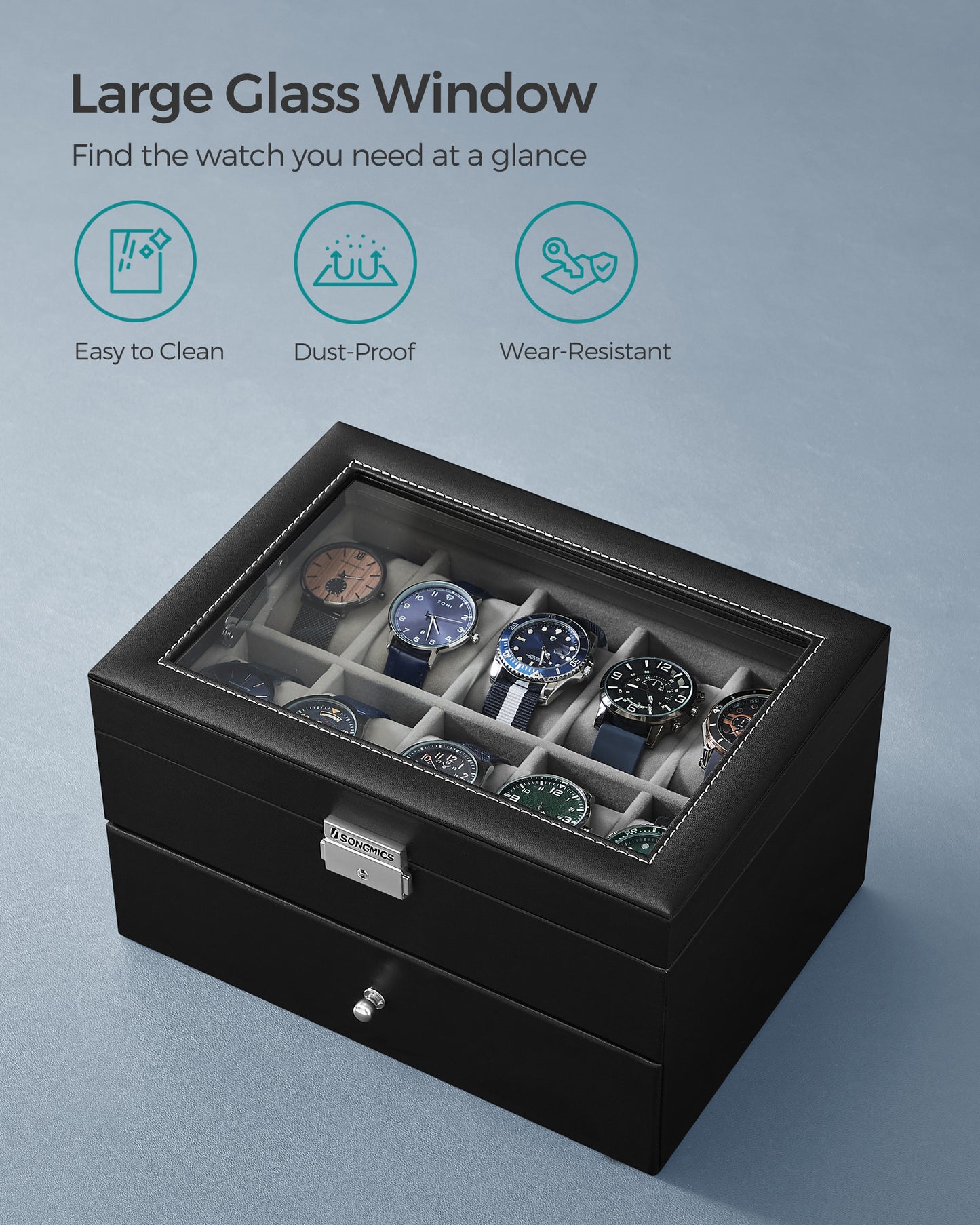 SONGMICS 20-Slot Watch Box, Watch Case, 2 Layers, Lockable Watch Display Case, Black and Gray