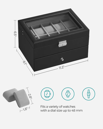 SONGMICS 20-Slot Watch Box, Watch Case, 2 Layers, Lockable Watch Display Case, Black and Gray