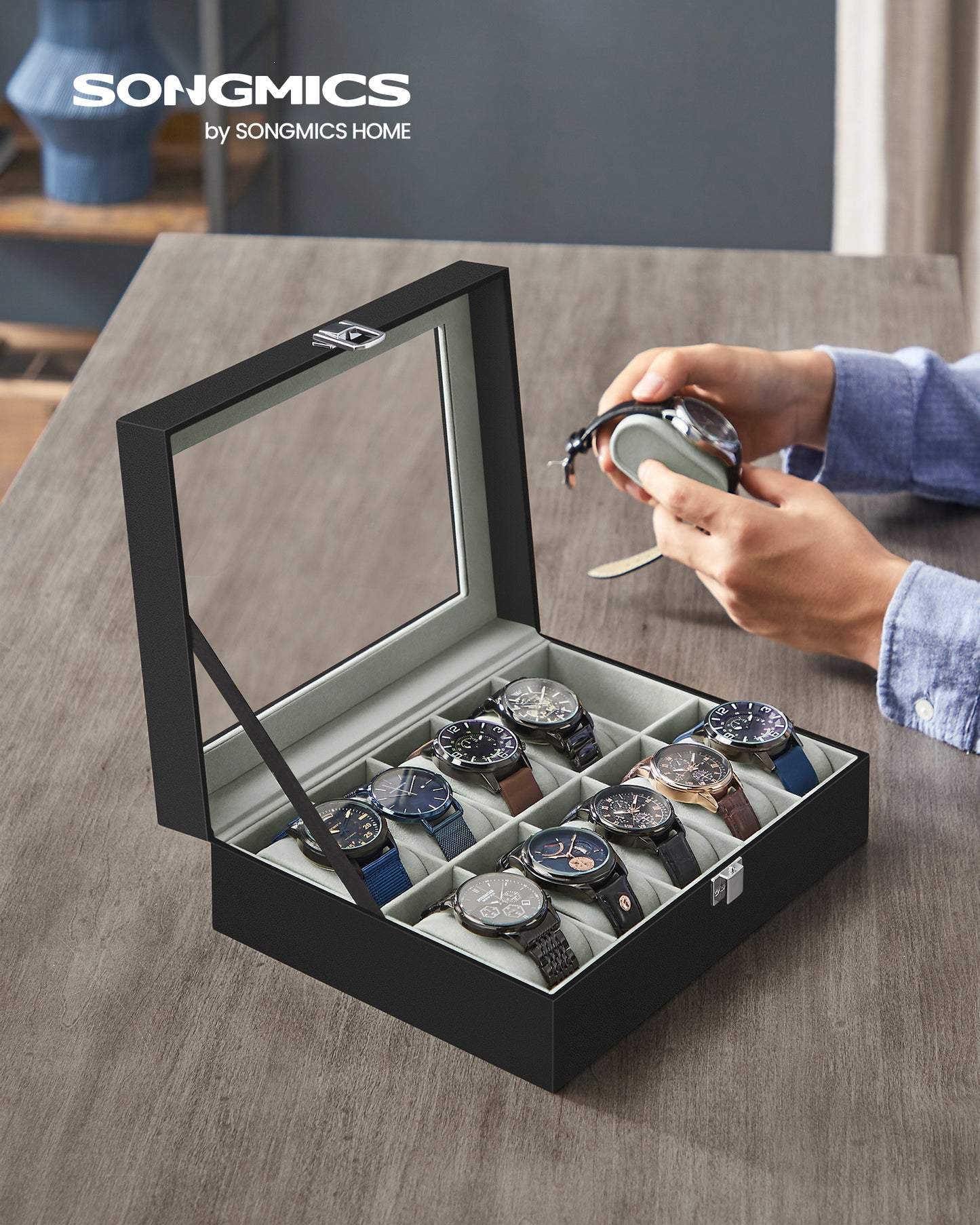 Watch Box, 10-Slot Watch Case with Large Glass Lid, Removable Watch Pillows, Watch Box Organizer, Black Synthetic Leather, Gray Lining