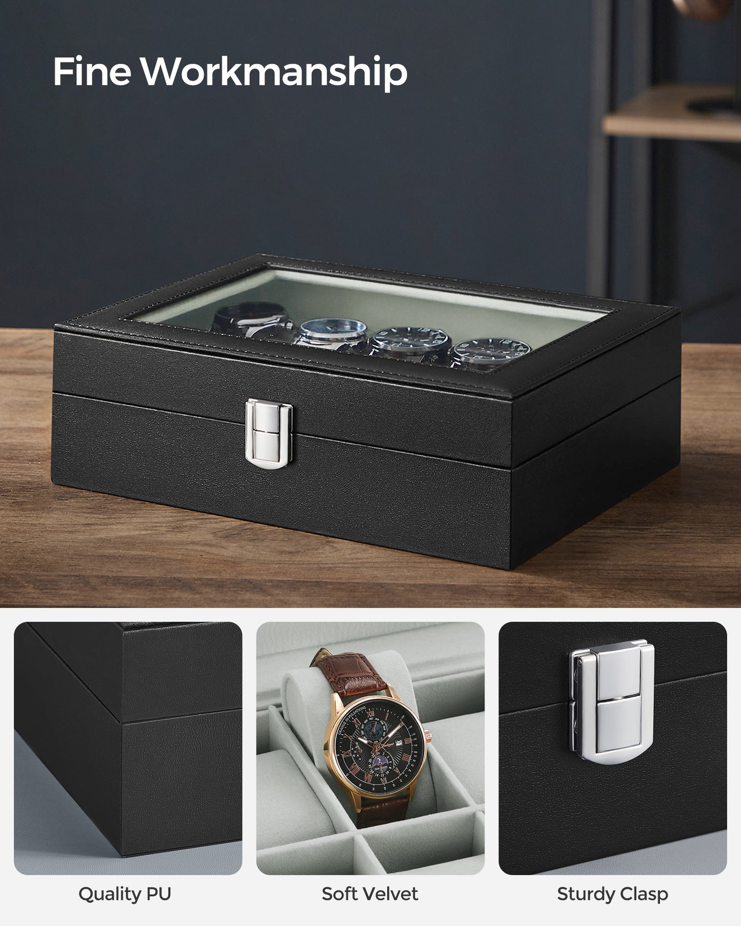 Watch Box, 10-Slot Watch Case with Large Glass Lid, Removable Watch Pillows, Watch Box Organizer, Black Synthetic Leather, Gray Lining