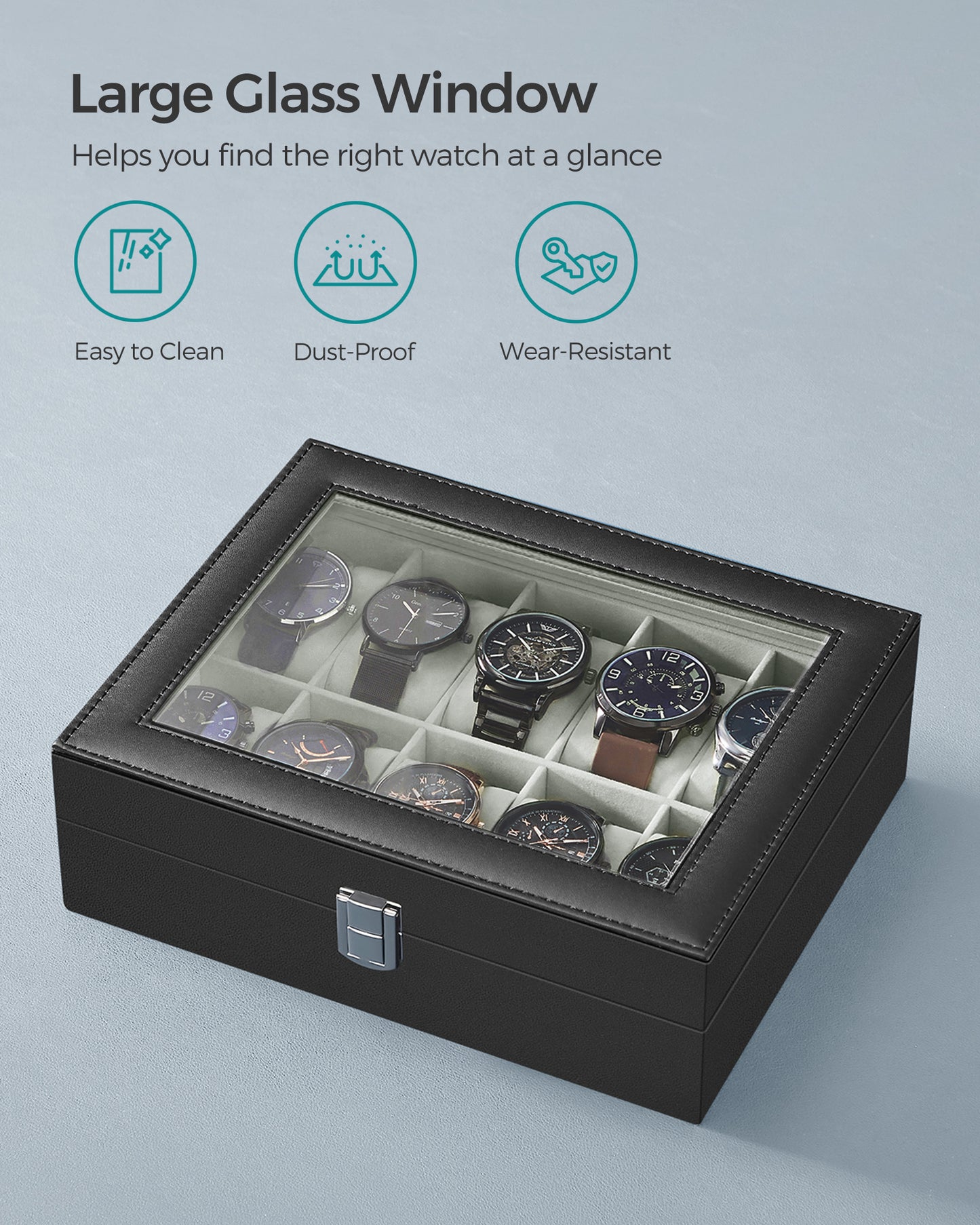 Watch Box, 10-Slot Watch Case with Large Glass Lid, Removable Watch Pillows, Watch Box Organizer, Black Synthetic Leather, Gray Lining