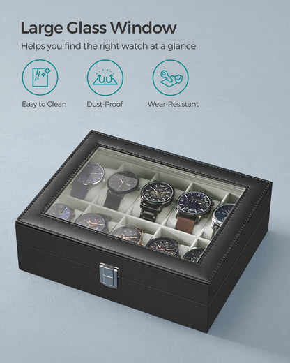Watch Box, 10-Slot Watch Case with Large Glass Lid, Removable Watch Pillows, Watch Box Organizer, Black Synthetic Leather, Gray Lining