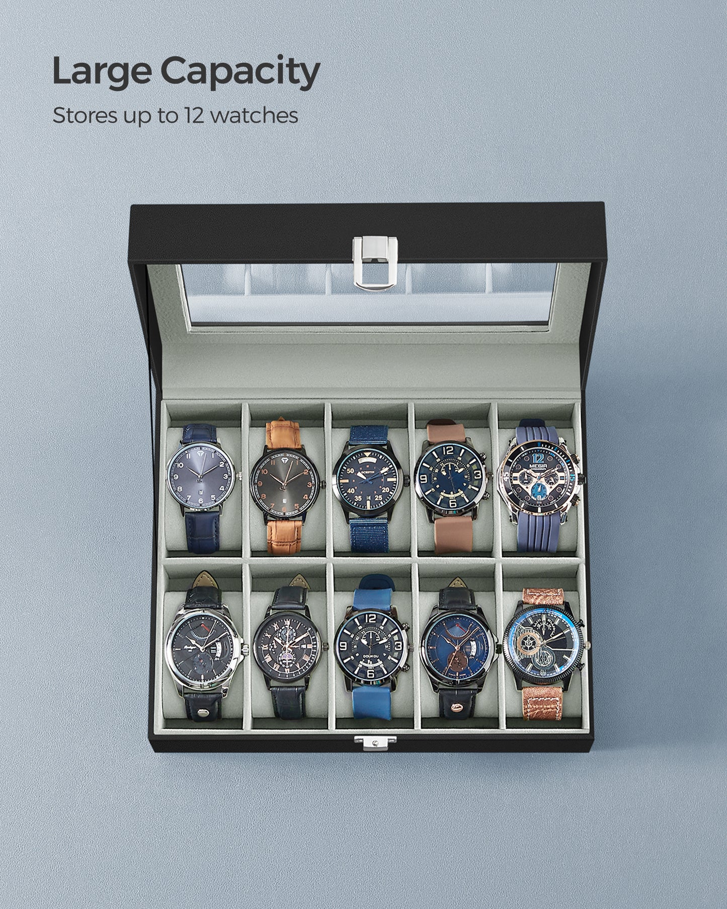 Watch Box, 10-Slot Watch Case with Large Glass Lid, Removable Watch Pillows, Watch Box Organizer, Black Synthetic Leather, Gray Lining