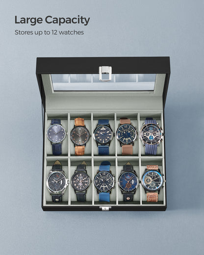Watch Box, 10-Slot Watch Case with Large Glass Lid, Removable Watch Pillows, Watch Box Organizer, Black Synthetic Leather, Gray Lining