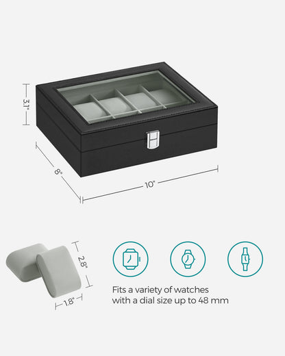 Watch Box, 10-Slot Watch Case with Large Glass Lid, Removable Watch Pillows, Watch Box Organizer, Black Synthetic Leather, Gray Lining