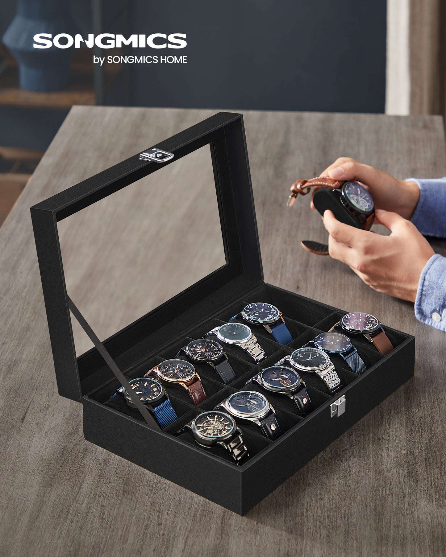 Premium 12-Slot Watch Box, Large Glass Lid, Removable Pillows, Black Synthetic Leather Organizer with Black Lining - Ideal Gift for Watch Enthusiasts