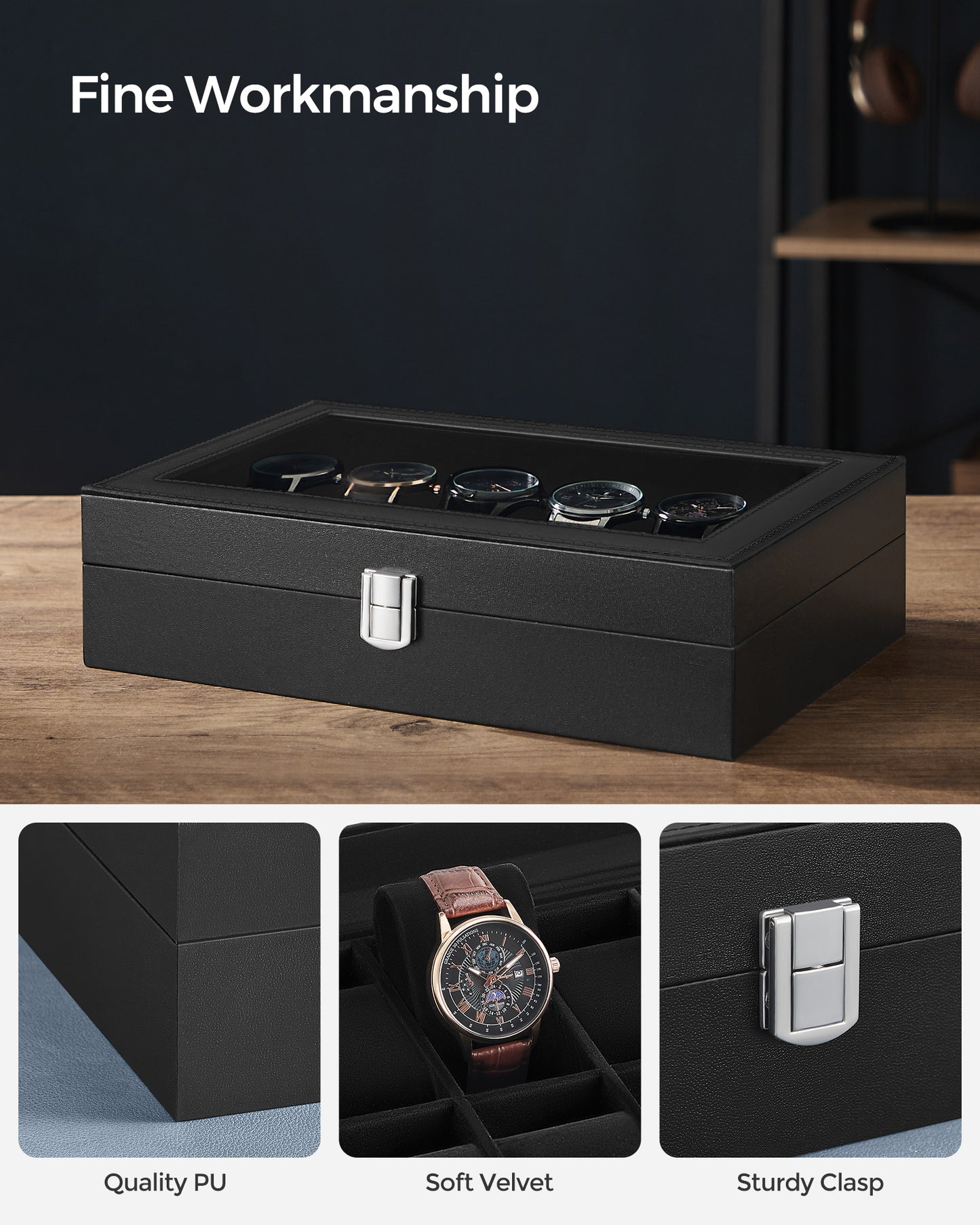 Premium 12-Slot Watch Box, Large Glass Lid, Removable Pillows, Black Synthetic Leather Organizer with Black Lining - Ideal Gift for Watch Enthusiasts